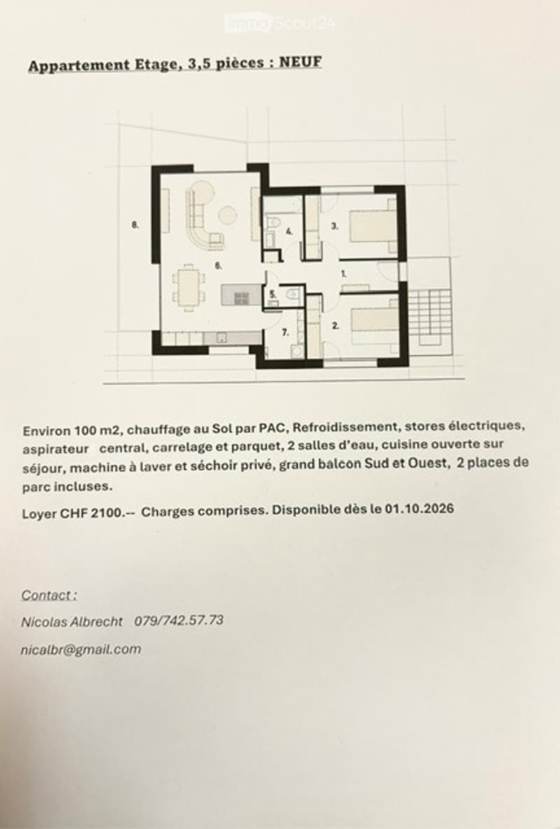 Floor plan of a 3.5-room apartment, including living room, kitchen, 2 bedrooms, 2 bathrooms, and a large balcony to the south and west.