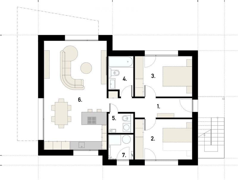 Floor plan of a 7-room apartment including a living room, dining room, kitchen, three bedrooms, and two bathrooms.