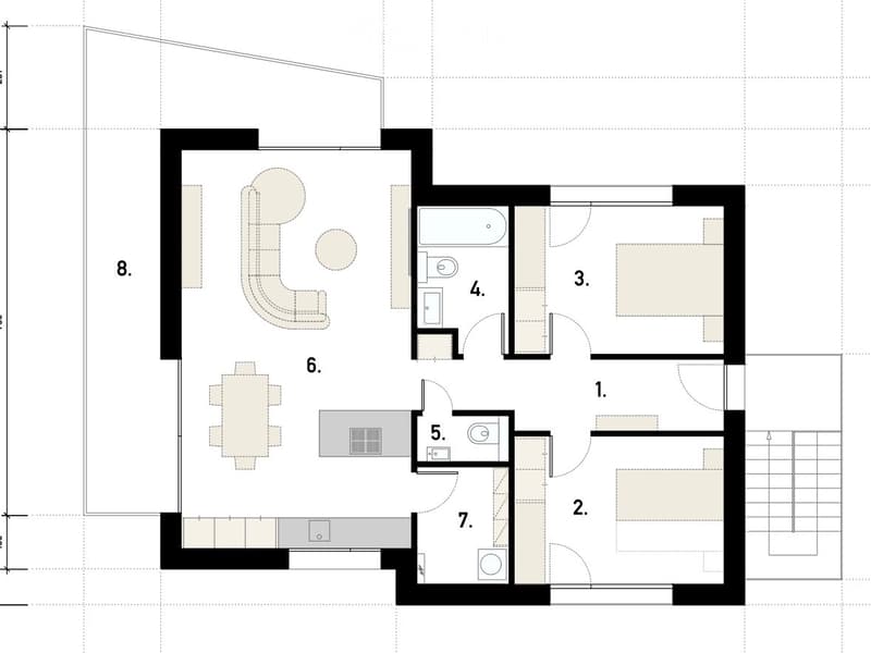 Floor plan showing a living room, dining area, kitchen, three bedrooms, and two bathrooms.