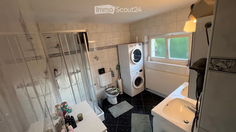 Bathroom with a toilet, sink, shower, washing machine, and various bathroom accessories.