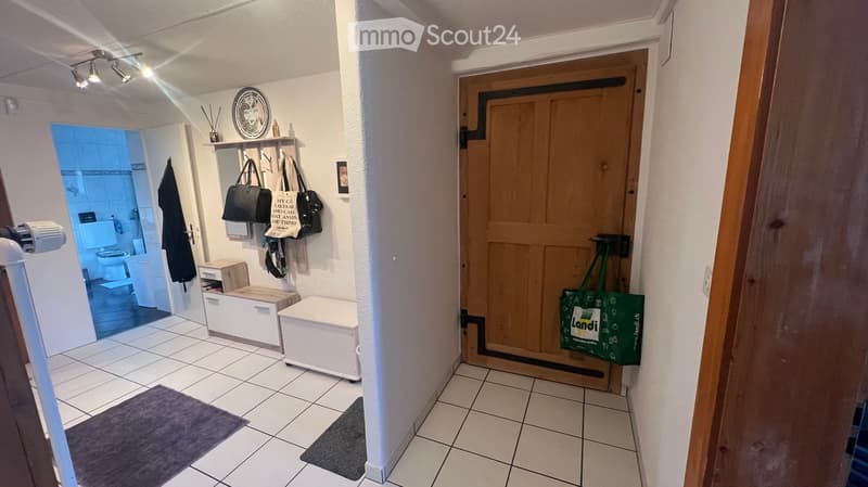 Hallway with tiled floor, coat rack, storage boxes, and a partially visible bathroom. A green shopping bag hangs on the door handle.
