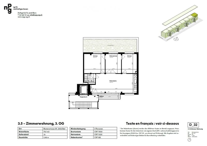 Floor plan of a 3.5-room apartment on the 3rd floor, including living room, kitchen, two bedrooms, bathroom, and balcony.