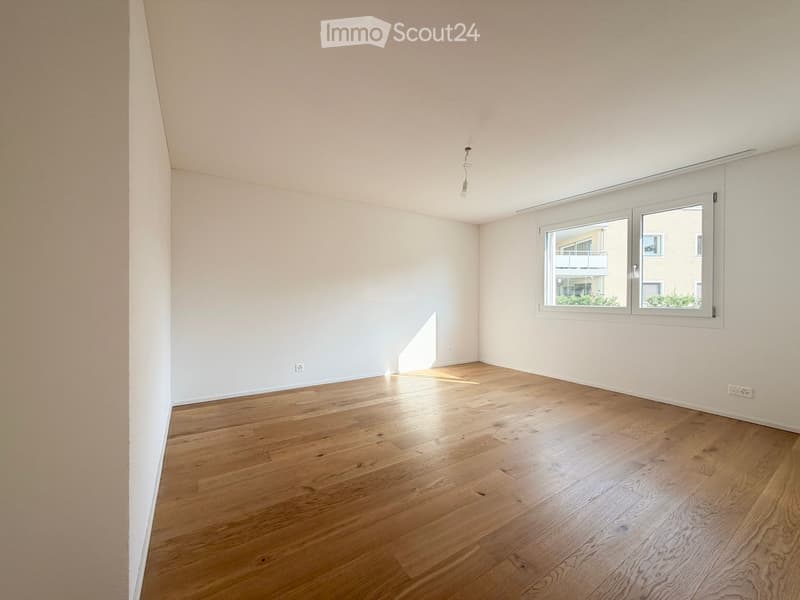 Empty room with light wooden flooring and white walls, featuring a large window with white frames and a visible electrical outlet on the wall.