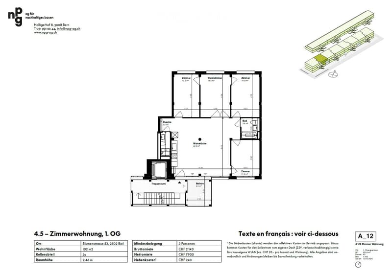 Floor plan of a 4.5-room apartment on the first floor, including living room, kitchen, 3 bedrooms, bathroom, balcony, and staircase.