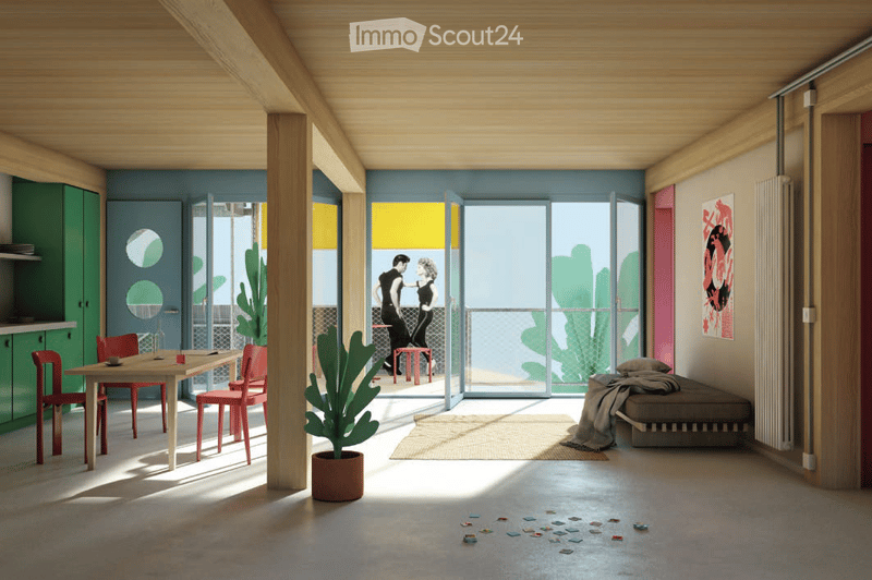Open-plan living and dining area with modern furniture, colorful decor, and access to a balcony.