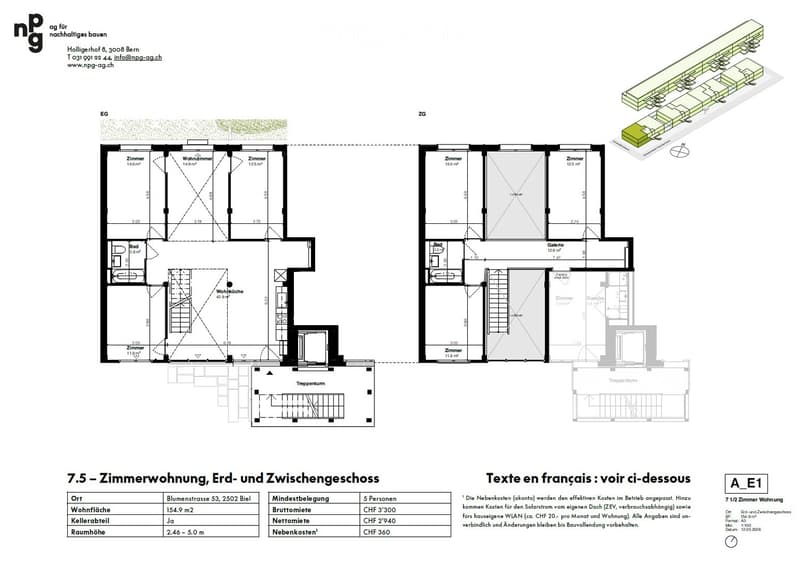 Floor plan of a 7.5-room apartment on the ground and intermediate floors, including living room, bedrooms, kitchen, bathrooms, and staircase.