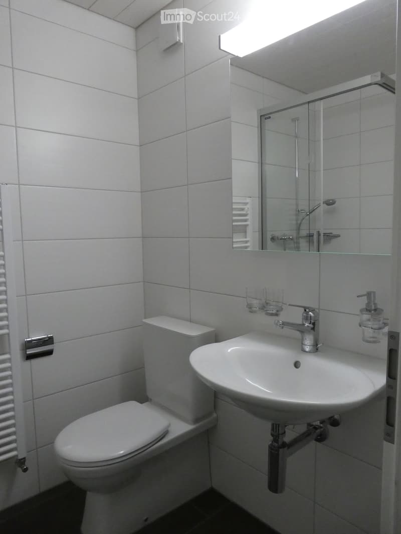 Modern bathroom with white tiles, a toilet, a sink with a modern faucet, a mirror, and a soap dispenser. The room features a sleek, contemporary design with a glass shower enclosure visible in the background.