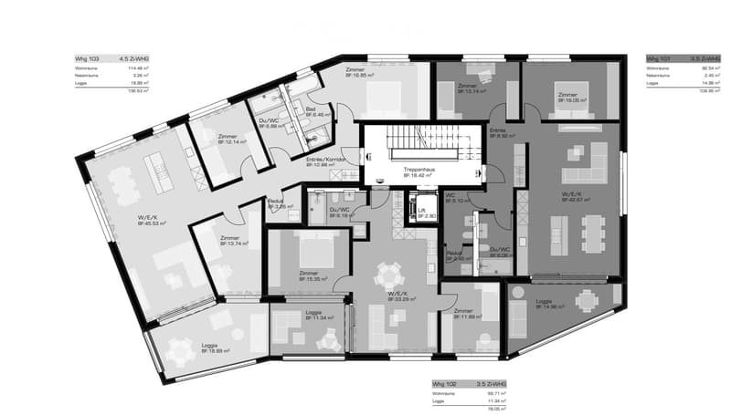 Floor plan of a multi-unit residential building with three apartments, each featuring living spaces, bedrooms, bathrooms, and loggias.