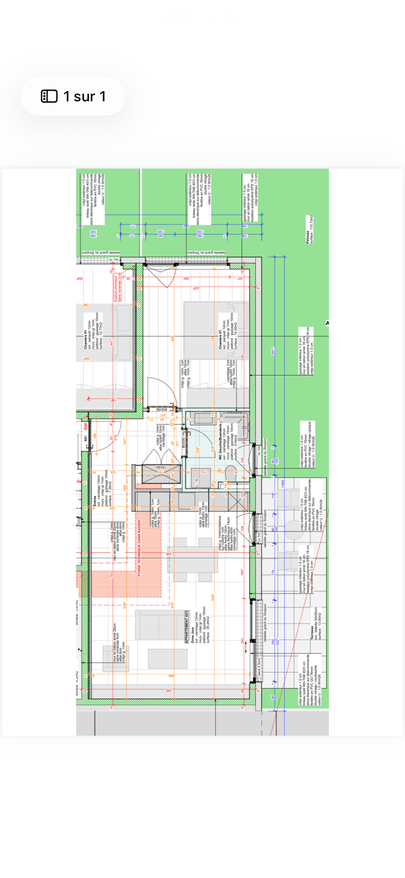 Floor plan of a residential building showing multiple rooms, including a living area, kitchen, bedrooms, bathrooms, and a technical area. Dimensions and measurements are indicated throughout.