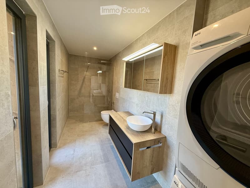 Modern bathroom with a white sink, wooden cabinet, mirror, toilet, and a glass-enclosed shower area.