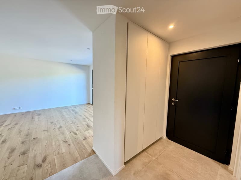 Empty hallway with light wooden flooring, white walls, and a black door at the end.