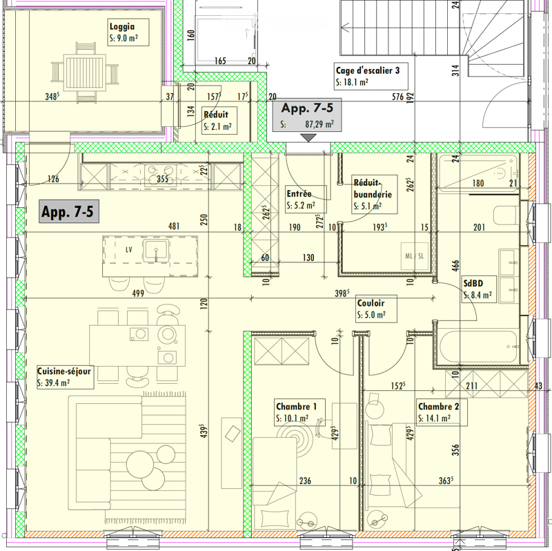 Floor plan of App. 7-5 showing a kitchen-dining area, two bedrooms, a bathroom, hallway, and staircase. Includes dimensions and room labels.