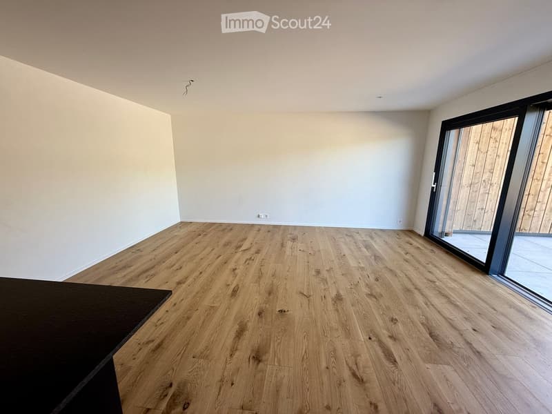 Empty room with light wooden flooring and white walls, featuring a large sliding glass door leading outside.