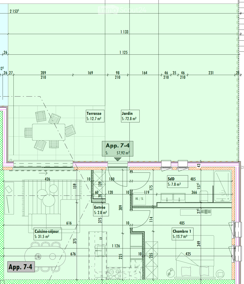 Floor plan showing a kitchen-dining area, entrance, bedroom, shower room, terrace, and garden.