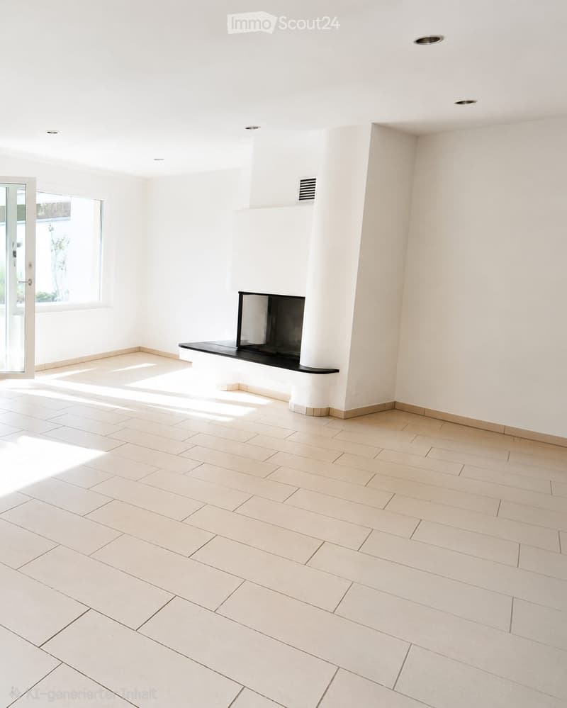 Empty room with white walls, light-colored tiled floor, and a built-in fireplace with a black mantel. Large window and sliding glass door provide natural light.