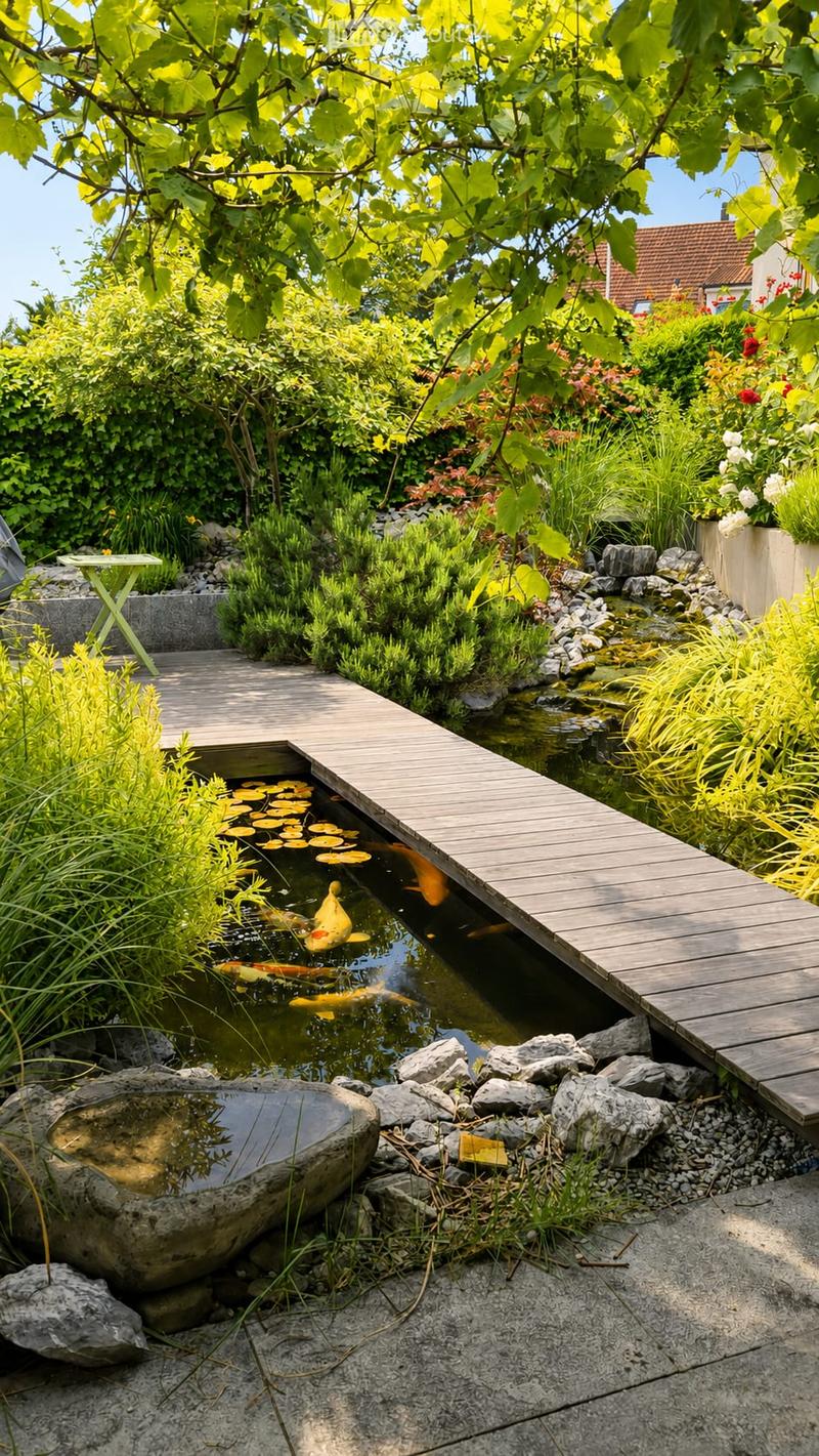 A well-maintained garden with a wooden pathway, a small pond with koi fish, surrounding rocks, and lush greenery, including various plants and shrubs.