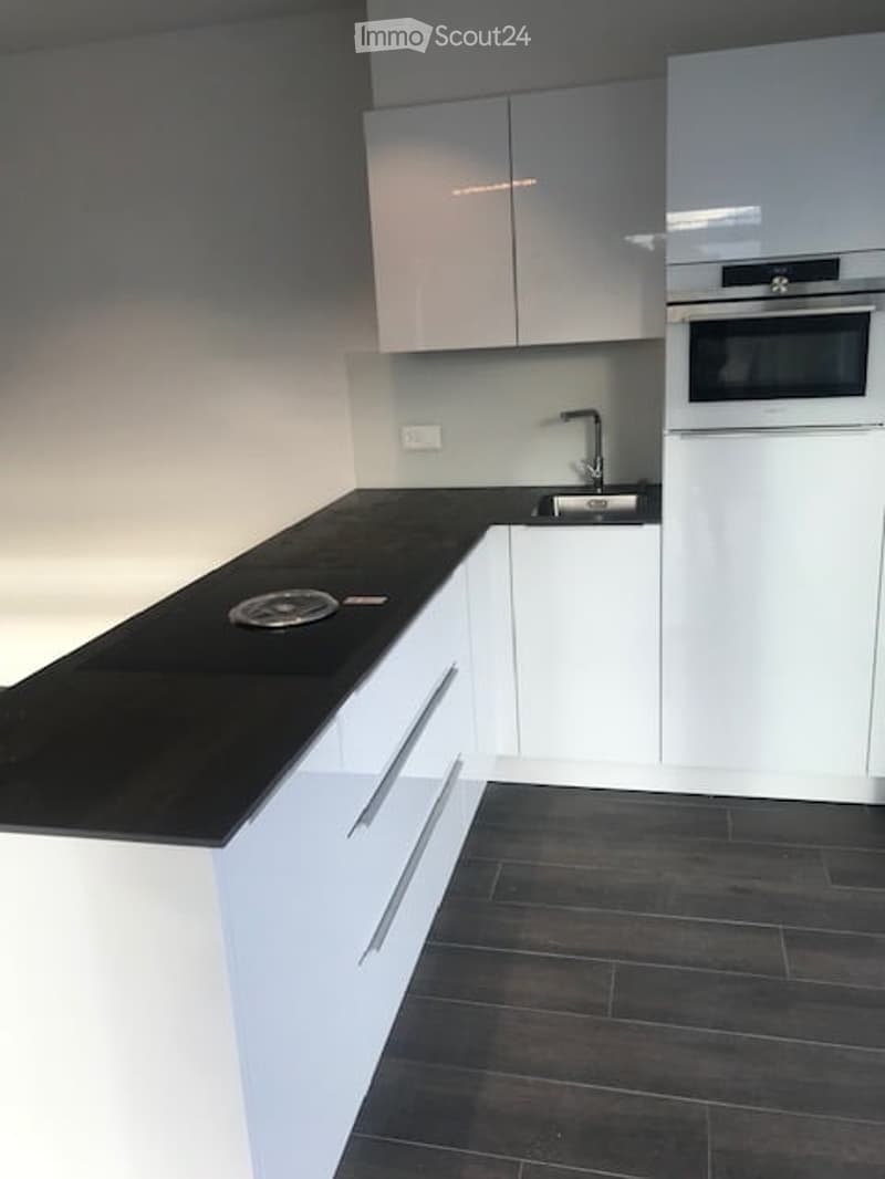 Modern kitchen with white cabinets, black countertop, stainless steel sink, and built-in oven.