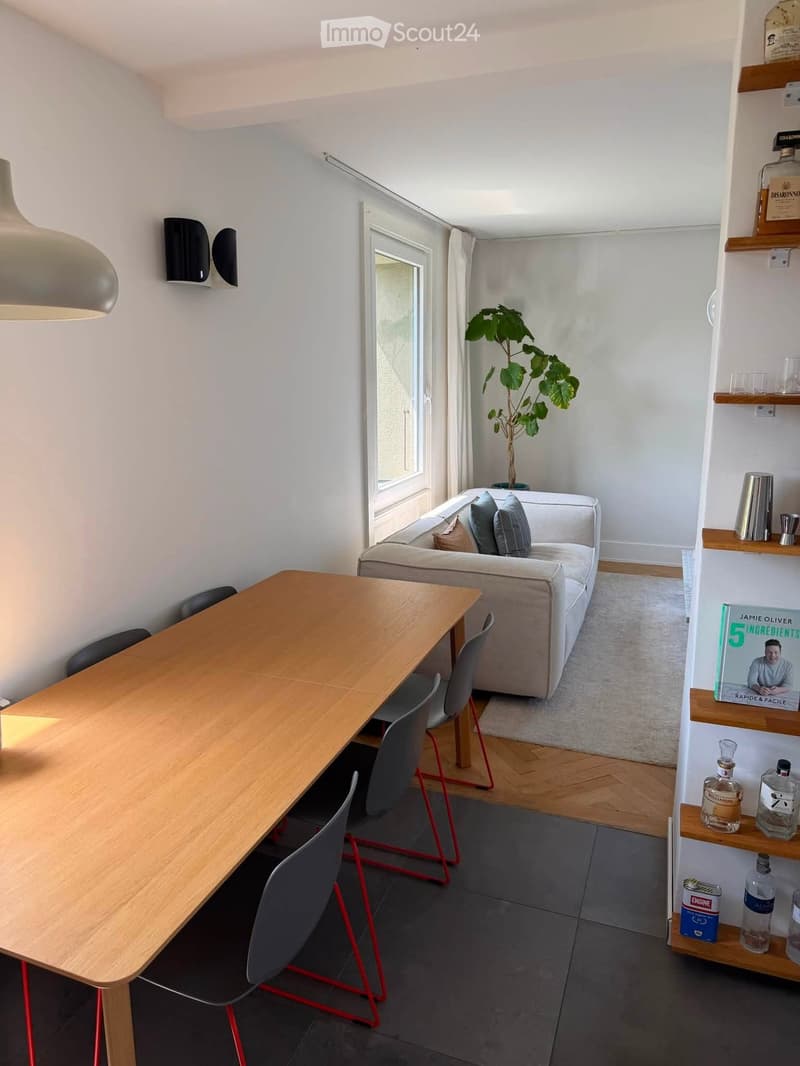 A modern, well-lit living space with a sofa, a wooden dining table with chairs, a bookshelf with books and bottles, and a potted plant near the window.
