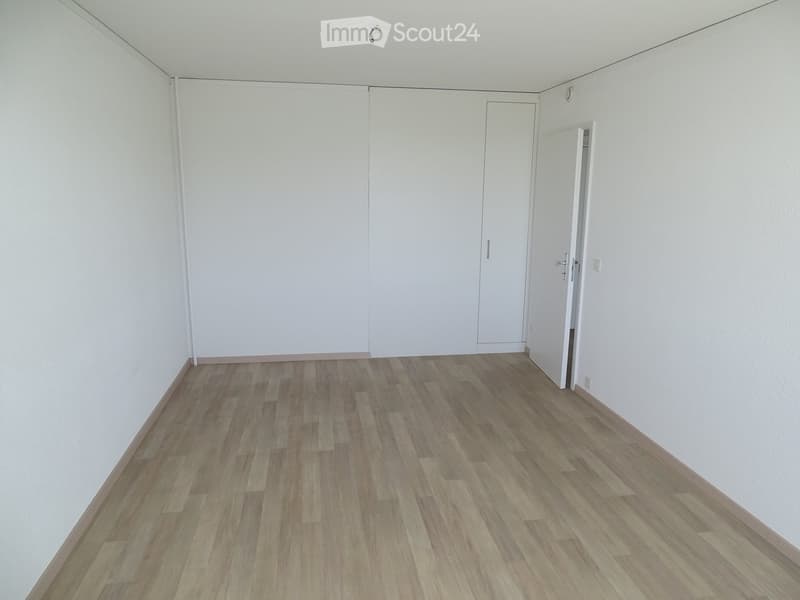 empty room, white walls, wooden floor, sliding doors, entrance door