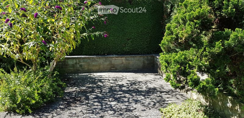 A well-maintained garden with a gravel pathway, trimmed hedges, and flowering shrubs, bordered by a stone wall.