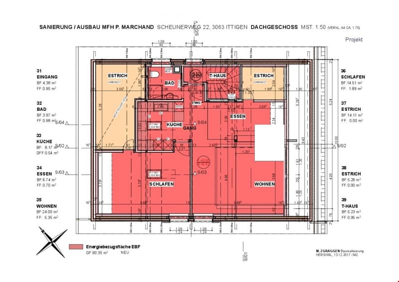 Floor plan of a multi-family house (MFH) renovation project, showing layout with rooms labeled including entrance, bathroom, kitchen, dining, living, bedrooms, and technical room.