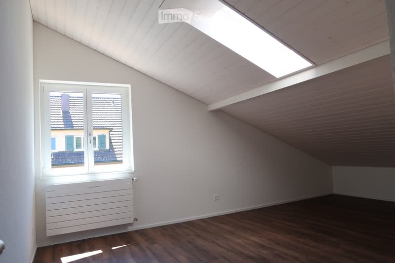Empty attic room with wooden flooring, white walls, skylight window, and radiator. No furniture or equipment present.