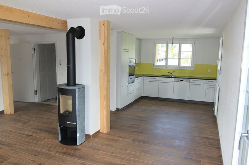 Modern kitchen with white cabinets, a black sink, and a wood stove in the adjacent room.