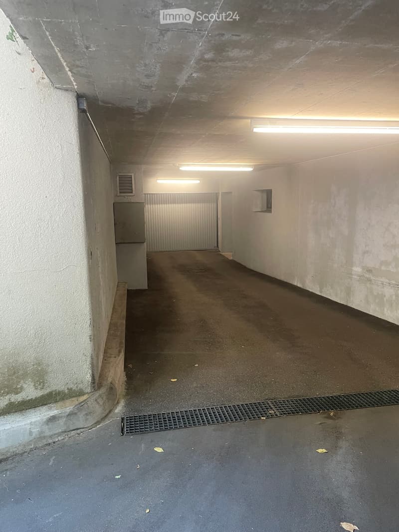 Underground corridor with concrete walls, a metal gate at the end, and fluorescent lighting. The floor is concrete with a metal drain grate.
