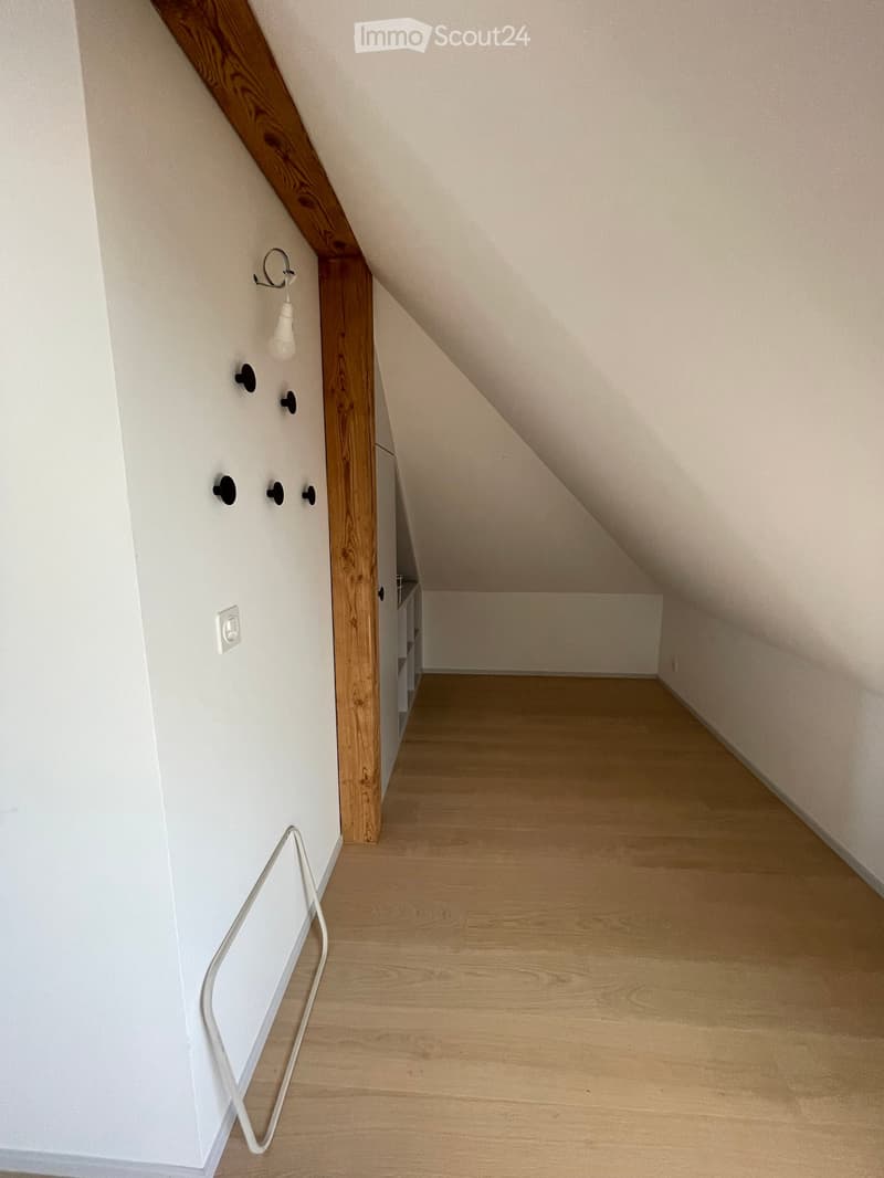 Corridor / Hallway. Empty hallway with wooden floor, white walls, and a small built-in shelf on the right side.