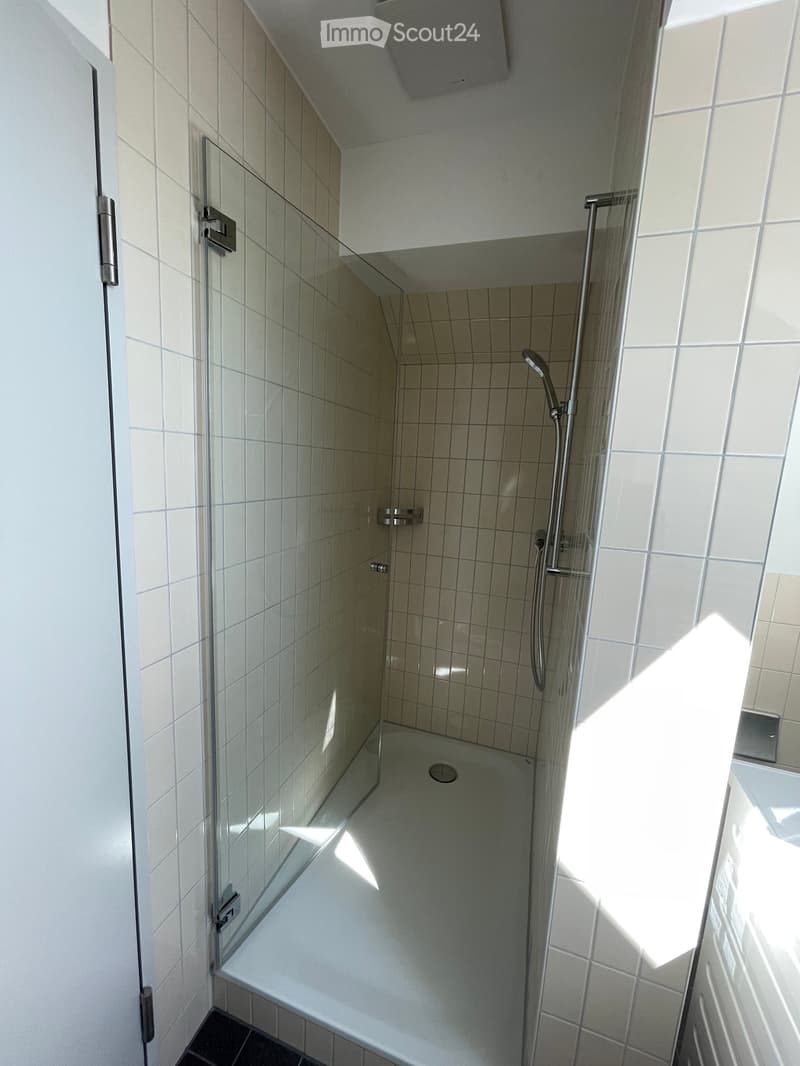 Bathroom. Modern bathroom with a bathtub enclosed by a glass shower enclosure, featuring a showerhead and rail, tiled walls, and a sleek design.