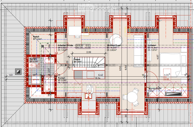 Floor Plan. Floor plan of a residential building showing multiple rooms including a kitchen, living room, bedrooms, bathrooms, and a staircase.