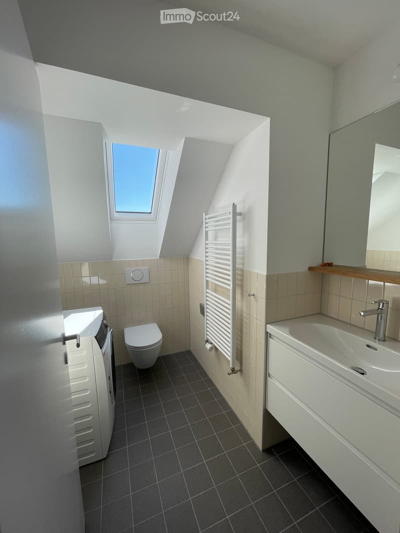 Bathroom. Modern bathroom with dark tiled floor, white sink, toilet, mirror, radiator, and skylight window.