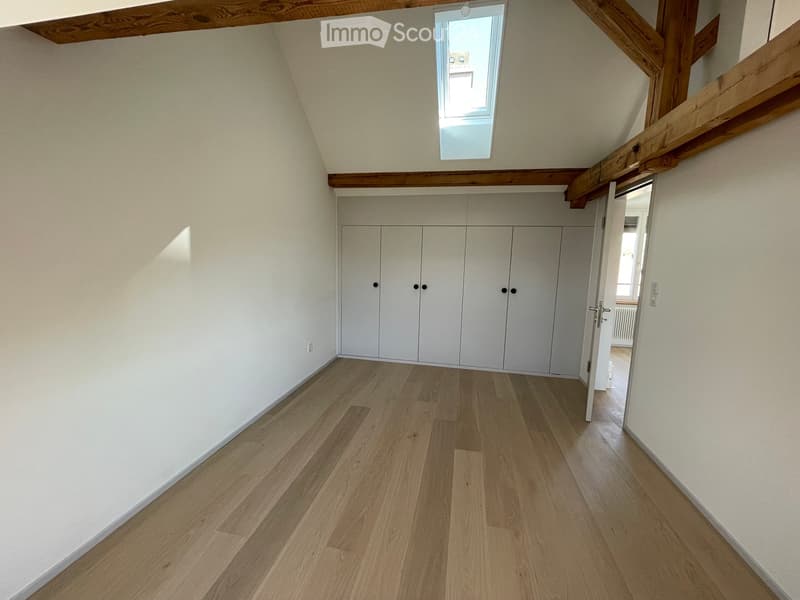 Unfurnished Room. Empty room with light wooden flooring, white walls, built-in white closet, and exposed wooden beams on the ceiling. A skylight window provides natural light.