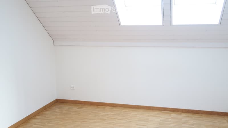 Empty room with white walls, wooden floor, and a skylight window at the top.