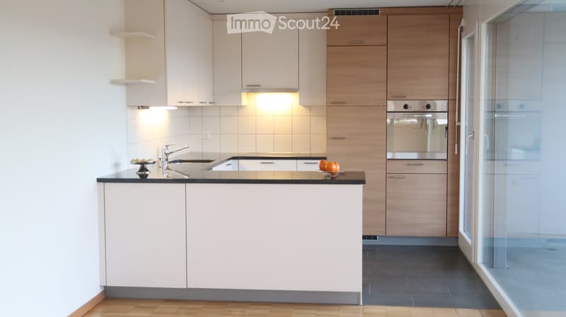Modern kitchen with white and light wood cabinets, stainless steel oven, black countertop, and a small bowl with fruits on the counter.