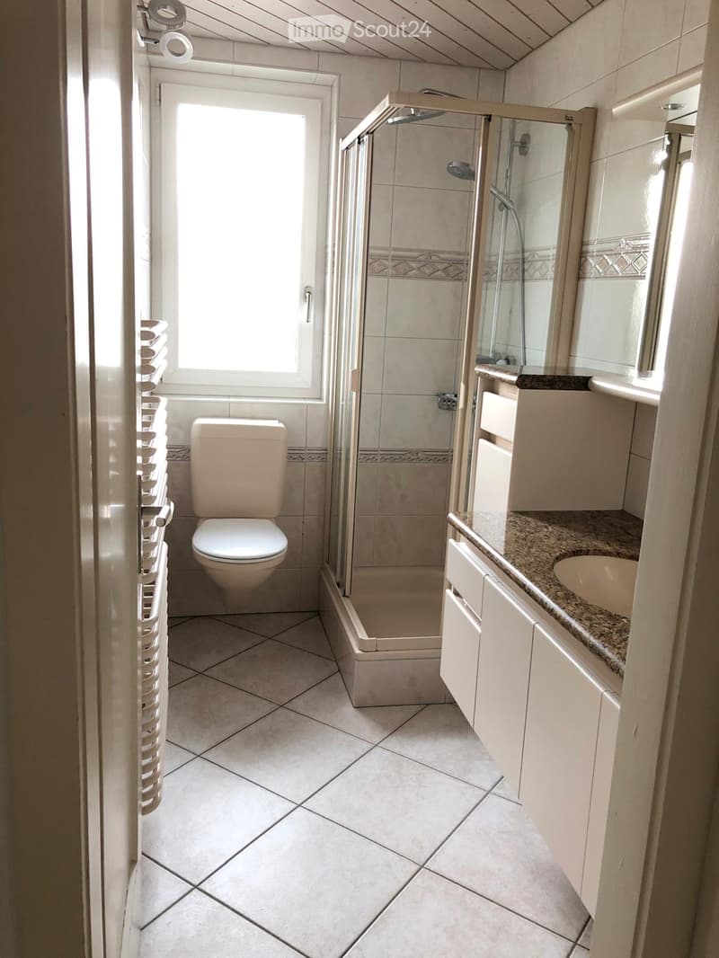 Modern bathroom with a toilet, sink, and walk-in shower. Features tiled walls and floor, a window, and a mirrored cabinet above the sink.