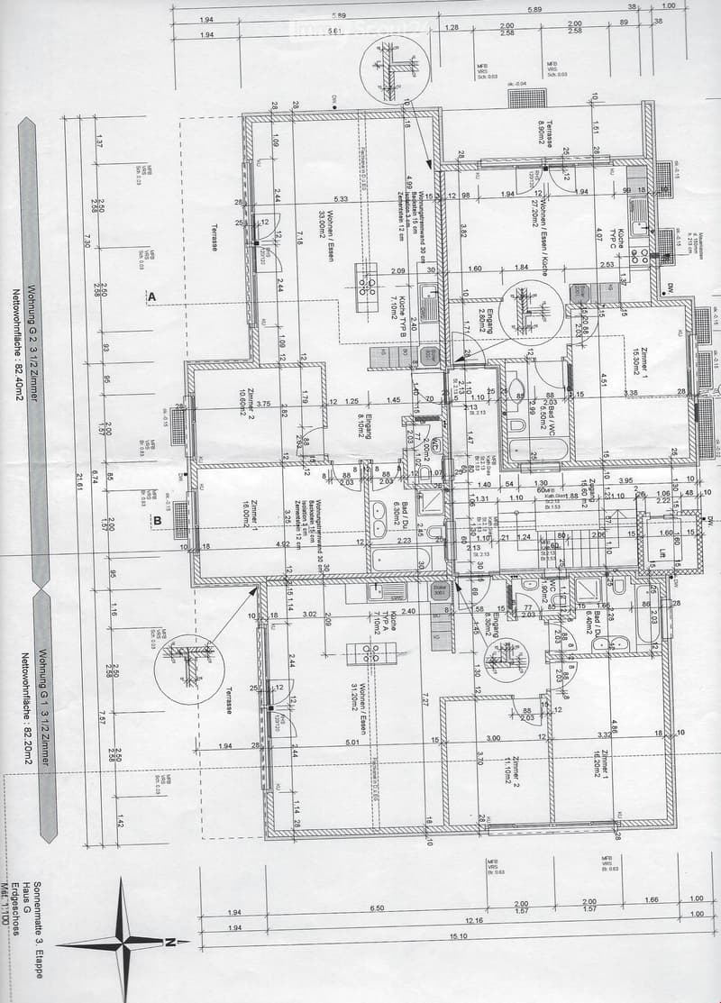 Floor plan of a three-story house with labeled rooms and dimensions. Includes living room, kitchen, bedrooms, bathrooms, and terrace.