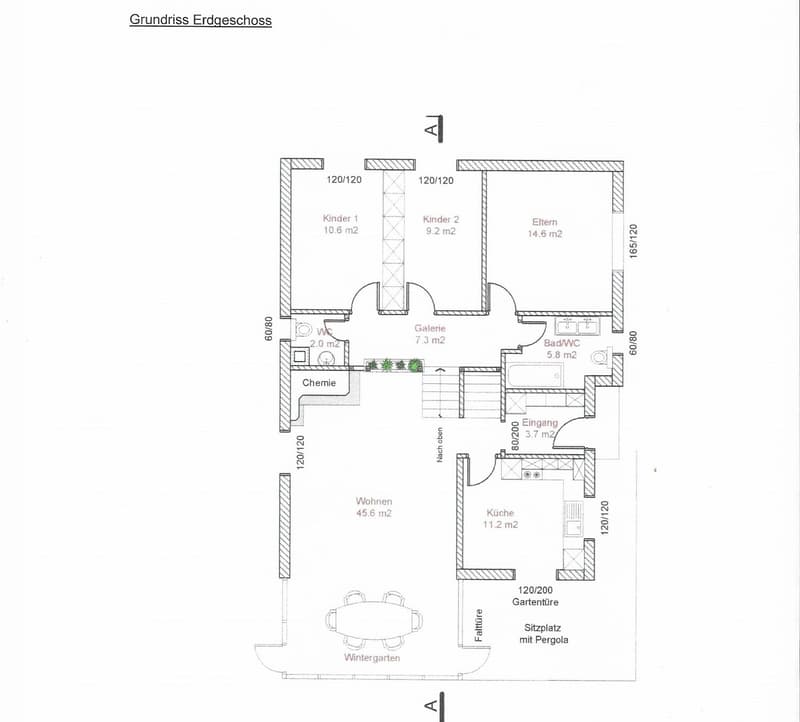Ground floor layout showing living room, kitchen, two bedrooms, two bathrooms, hallway, and winter garden with seating area.