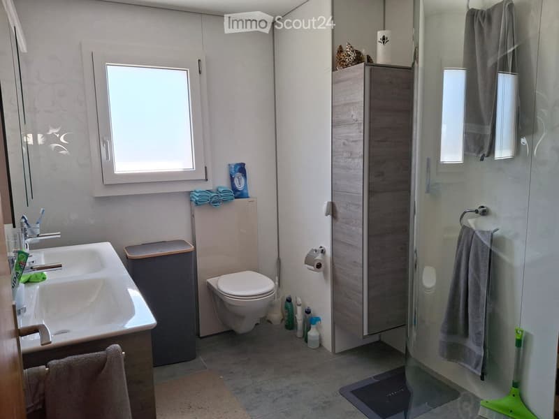 Modern bathroom with a white sink, toilet, shower, and mirrored cabinet. Features include a window, towels, and cleaning supplies.