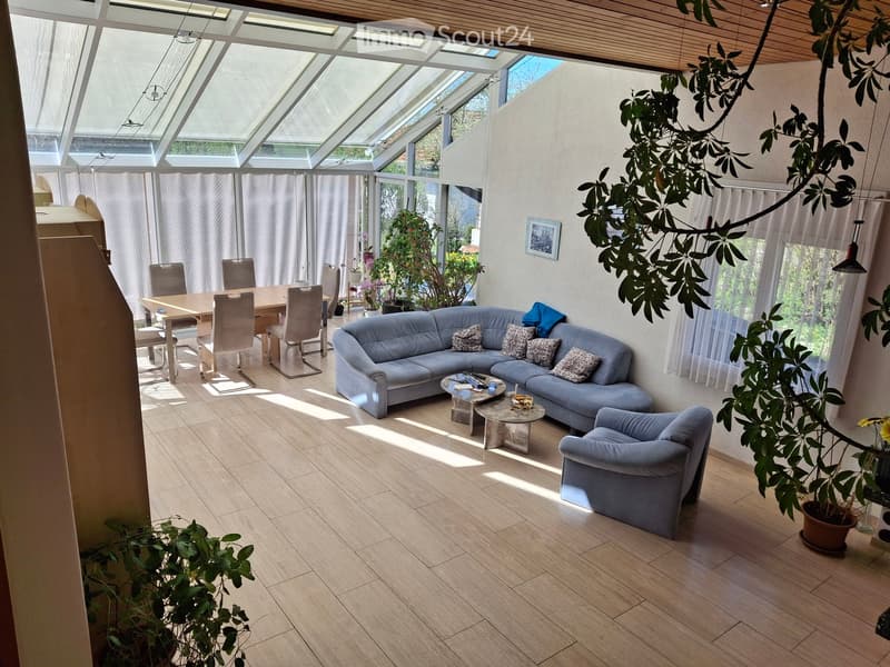 Bright living room with large windows and a skylight, featuring a blue sectional sofa, coffee table, dining table with chairs, and potted plants.