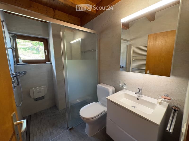 Modern bathroom with a glass-enclosed shower, toilet, sink, and mirror. Features wooden beams on the ceiling and a window with a view of greenery.