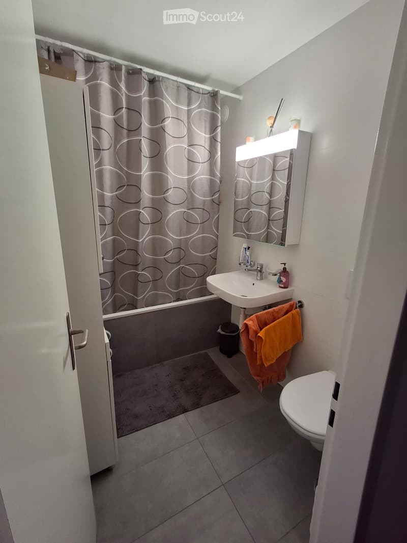 Modern bathroom with a white sink, mirror, toilet, and shower area with a grey curtain. Includes a towel, mat, and trash can.