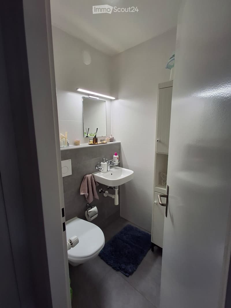 Modern bathroom with a toilet, sink, mirror, and cabinet. Features a grey tiled wall, a white sink, and a small rug on the floor.