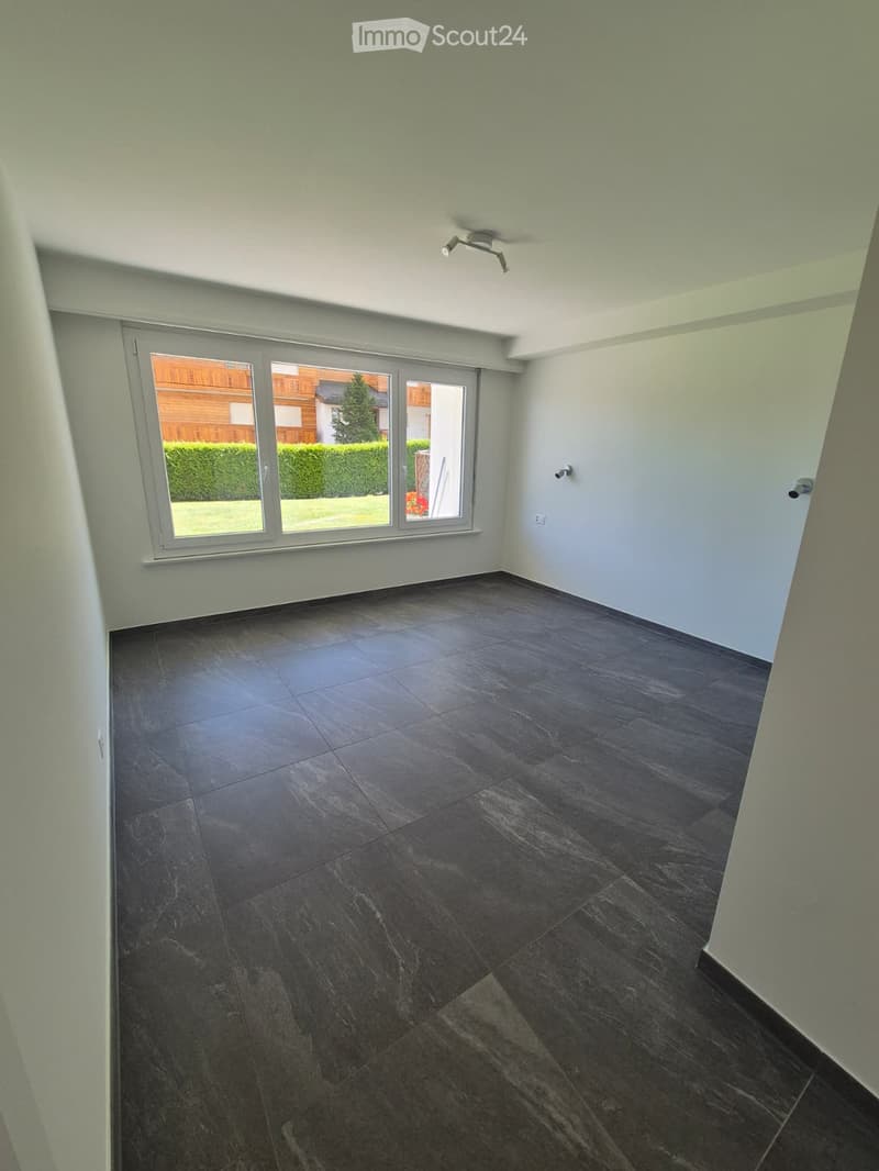 Empty room with dark tiled floor, white walls, large windows, and a ceiling light fixture.