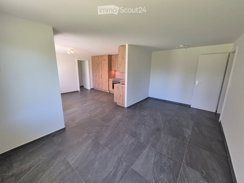 Empty room with dark grey tiled floor, light grey walls, and a small kitchen area with wooden cabinets and a stove in the background.