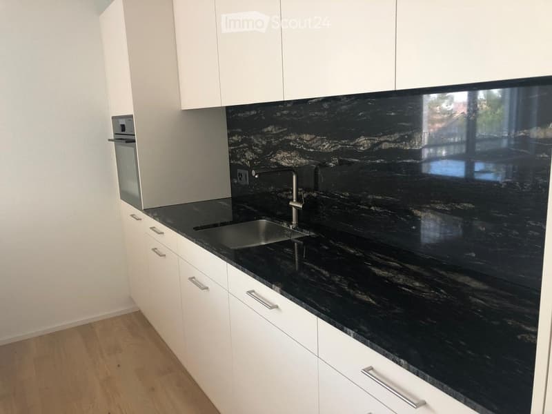 Modern kitchen with white cabinets, black marble countertop, and stainless steel sink and faucet.