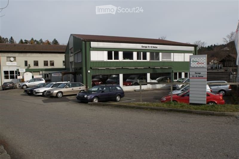 A single-story commercial building with a green and white facade, featuring a large garage area with multiple cars parked inside and outside.