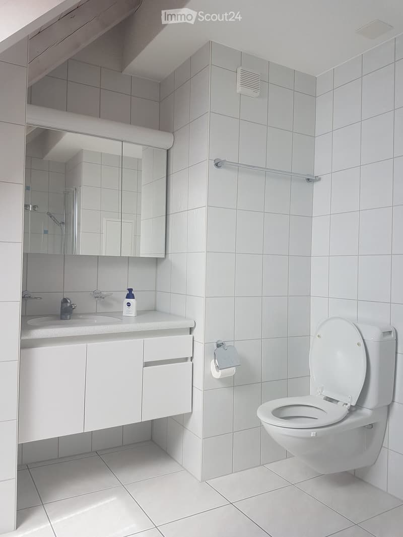 Modern bathroom with white tiles, a toilet, a sink with a mirror, and a soap dispenser on the counter.