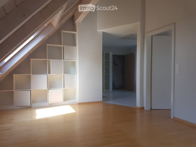 Bright, empty attic room with wooden flooring, white walls, built-in white shelving unit, and skylight window allowing natural light to enter.