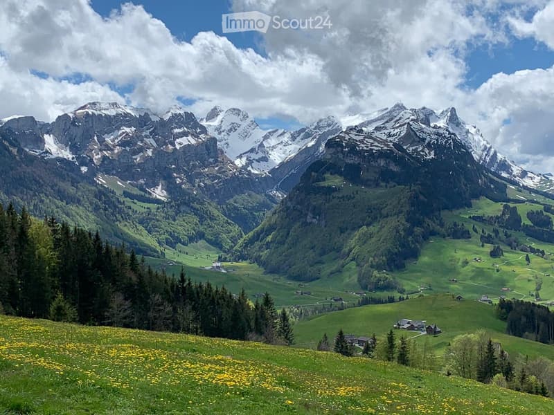 A scenic mountain landscape with snow-capped peaks, green valleys, scattered trees, and small houses nestled in the valley.